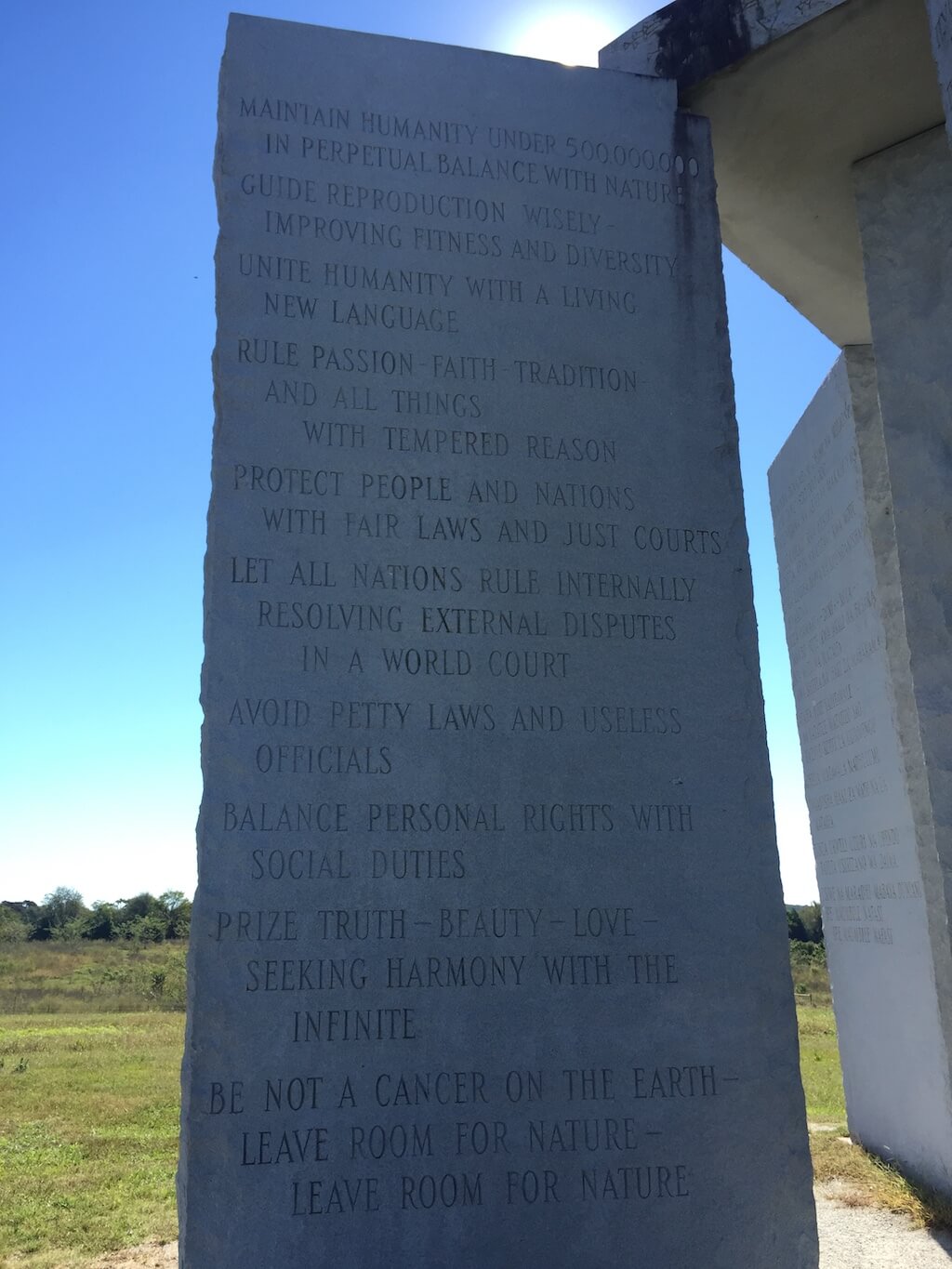 Georgia Guidestones ten commandments (English Pillar)